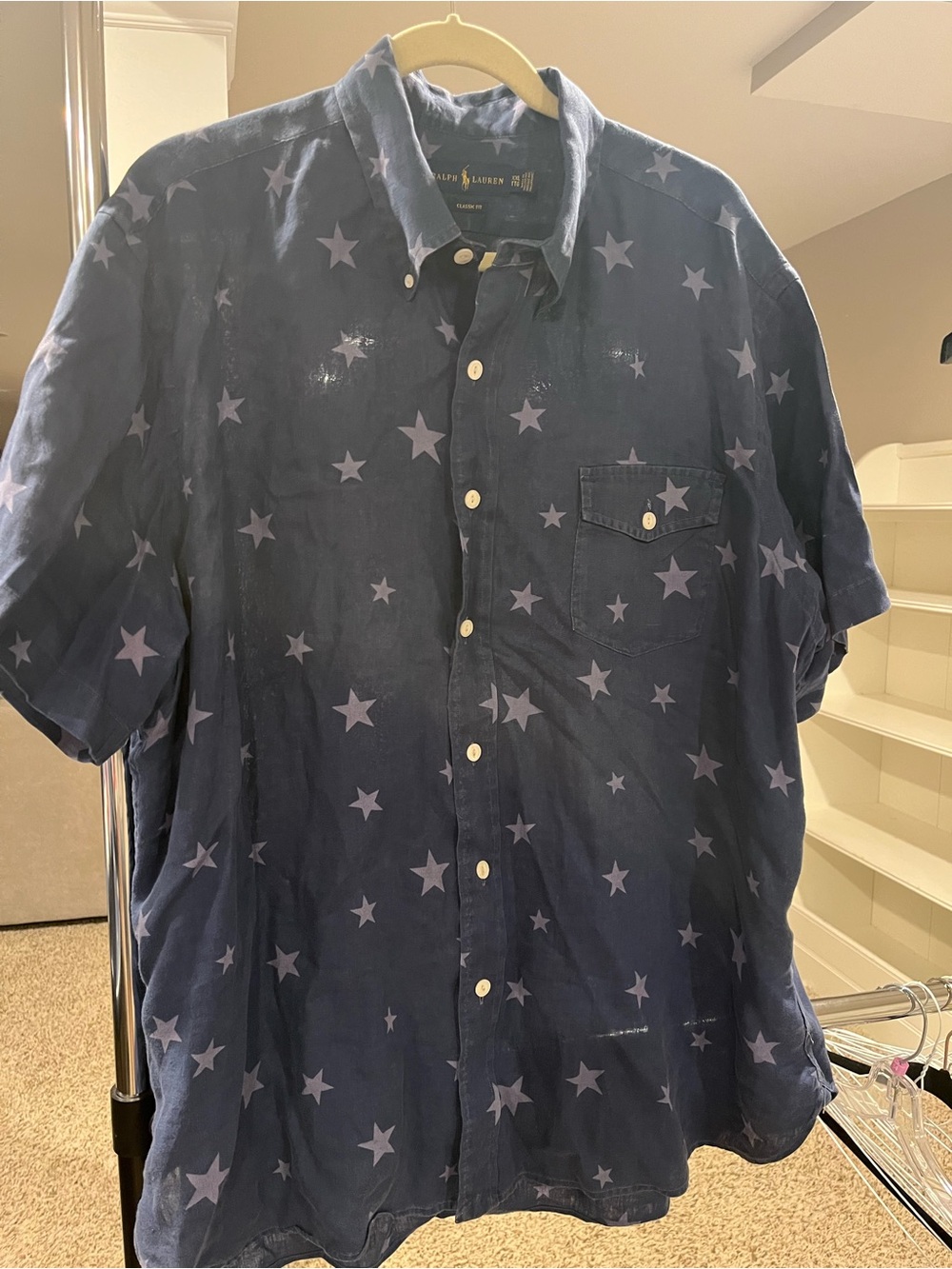 Ralph Lauren Navy Short-Sleeve Button-Down Shirt with Light Star Print